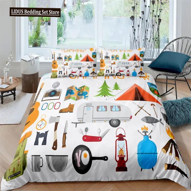 Šťastné kempování Povlak na přikrývku Queen Kreslený Karavan Kempingová Ložní souprava Styl Farmy 3D Obal na přikrývku Camper s povlaky na polštáře