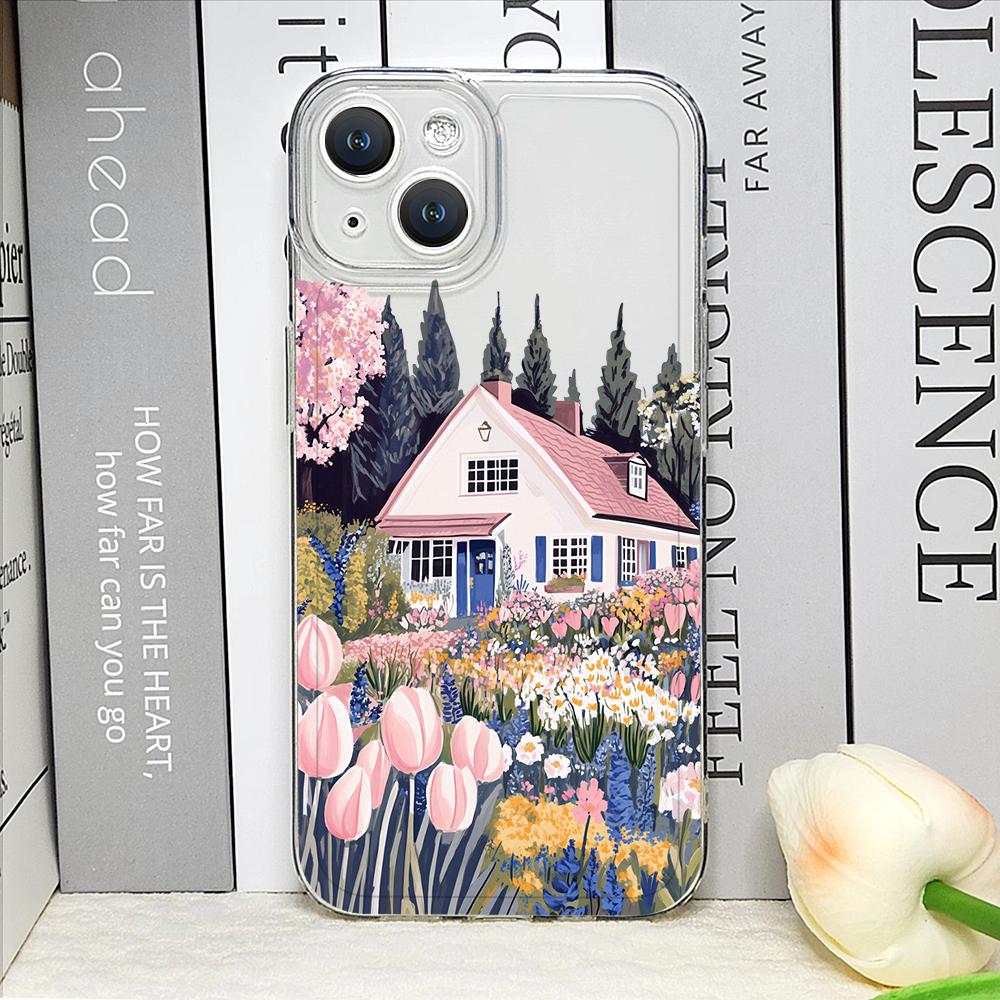 Pink House Holiday Home Grange Scenery Phone Case for iPhone 17 16 15 14 11 12 13 Pro Max 7 8 Plus 12 13 Mini X XS XR Soft Cover