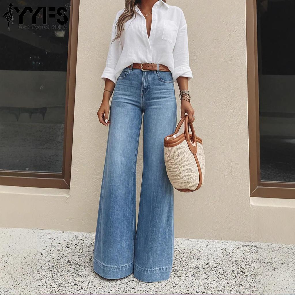 YYFS Spring and Summer New Style Vintage Washed Wide Leg Loose Slim High Waist Denim Pants for Women