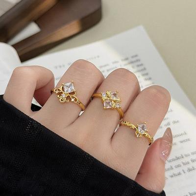 Light Luxury Medieval Vintage Square Diamond-Encrusted Zircon Rhombus Open Ring Niche Stacked Crown Exquisite Ring