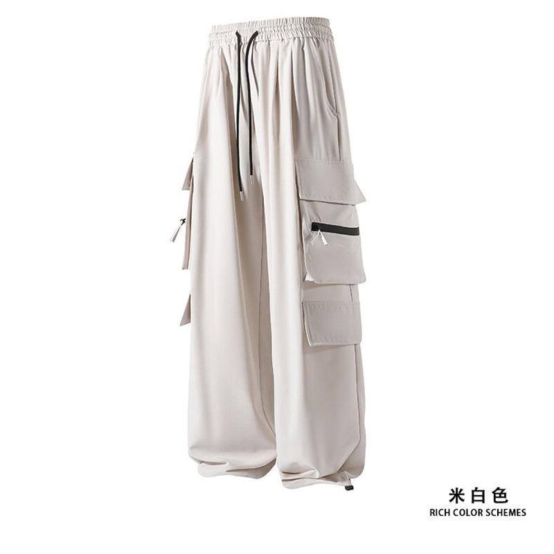 High Quality Ice Silk Waterproof Zipper Multi Pockets Casual Pants Men Solid Straight Elastic Waist Trousers Loose Cargo Pants
