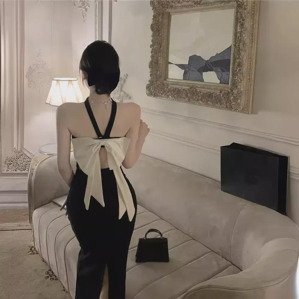 2024 Siyah Halter Yaka Seksi Yaz Elbisesi - Fiyonk Detaylı Slim Fit