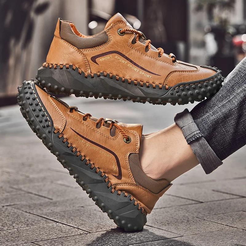 Large-sized Hand-stitched Casual Men's Shoes, Outdoor Anti-slip and Wear-resistant Men's Leather Shoes