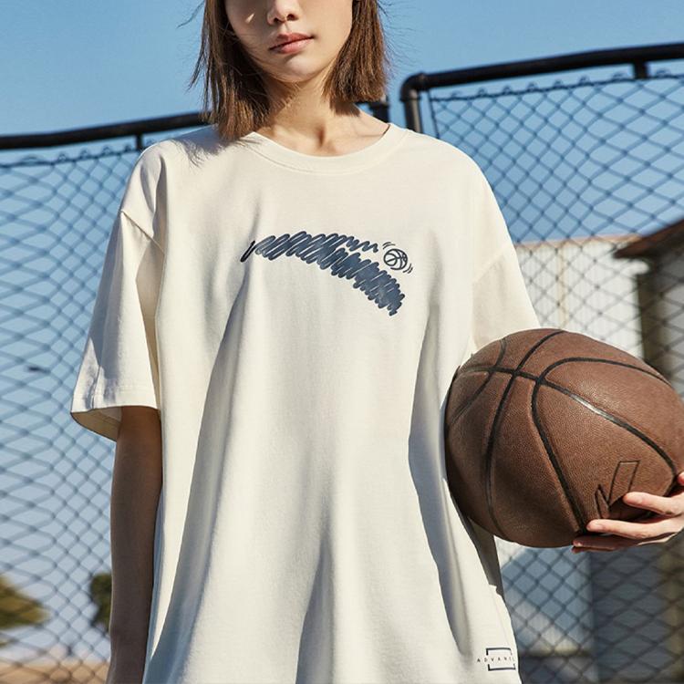 Anta Loose Short Sleeve T-Shirt With Letter Print Women Tops Vanilla-White 972321102-1