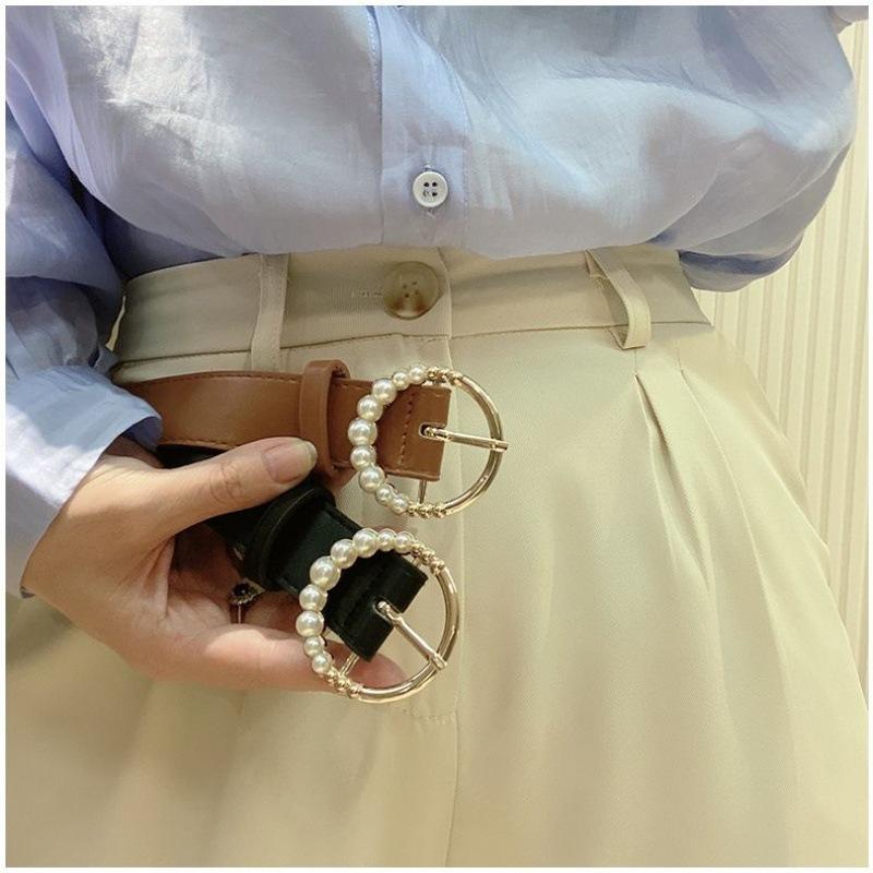 Vintage Black Fashionable Pearl Buckle Belt For Women Chic Denim Accessory Outfit