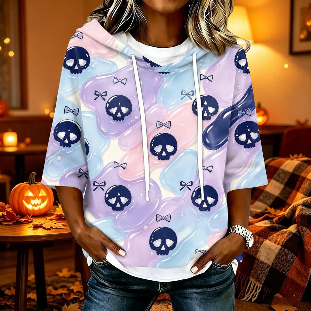 Women's Halloween Print Hooded Top, Loose Fit Casual 3/4 Sleeve Pullover Shirt