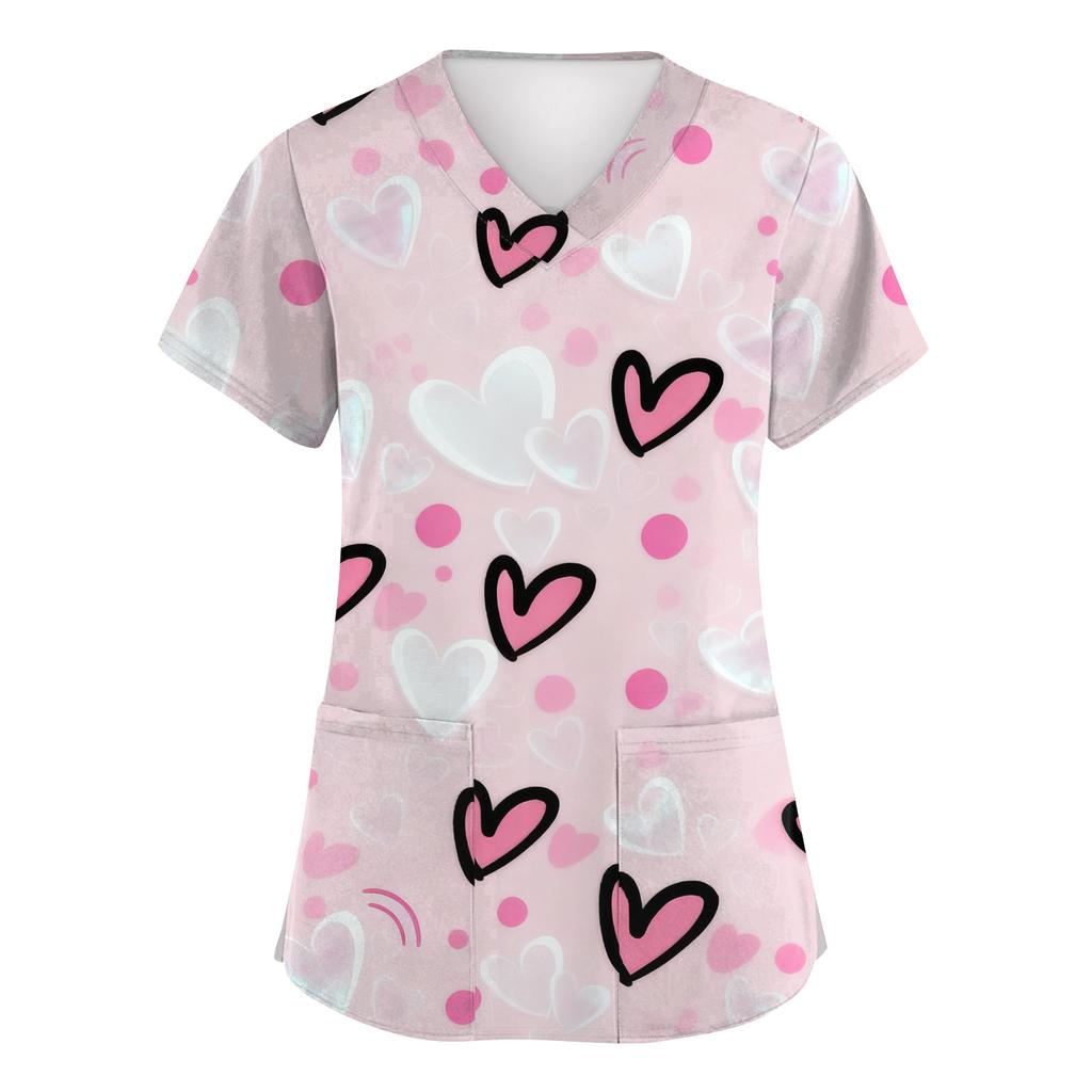 Women's Fashion Short-Sleeve Valentine's Day Print V-Neck Pocket Workwear Top