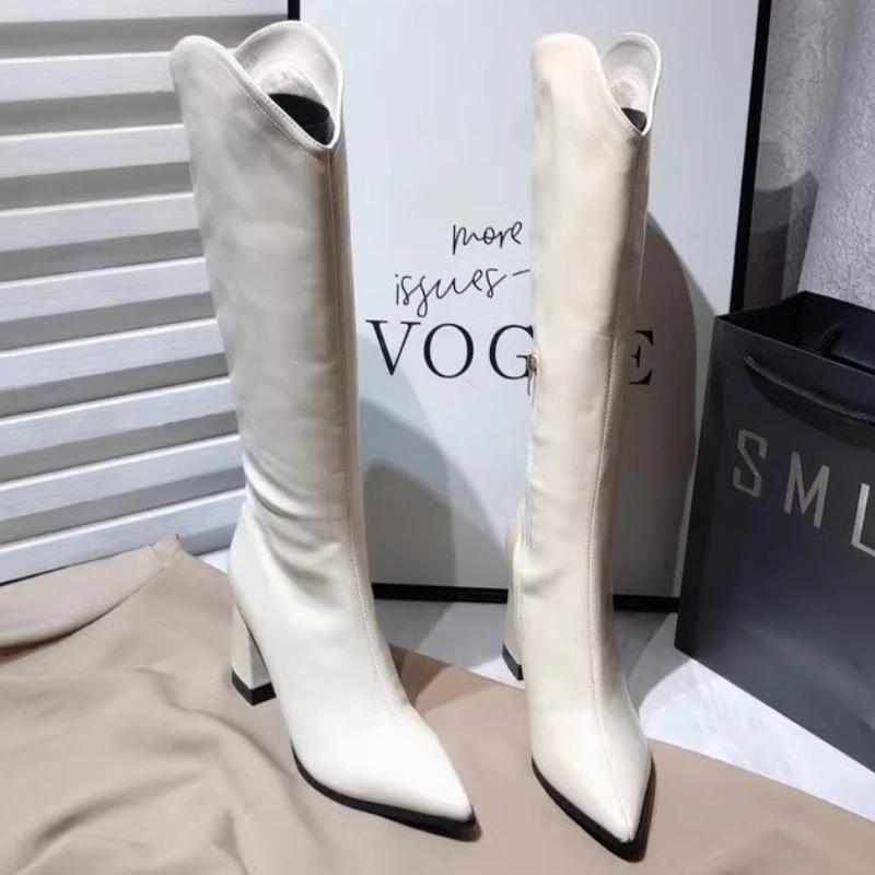 Fashion Women's High Boots PU Leather Solid Color Stage Catwalk High Heel Fashion Boots 2024 New Pointed Women's Thick Heel Knight Boots