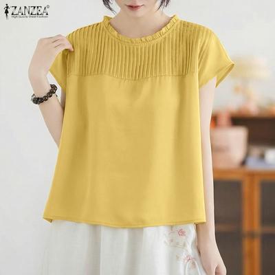 Women Casual Round Neck Solid Color Short Sleeve Blouse