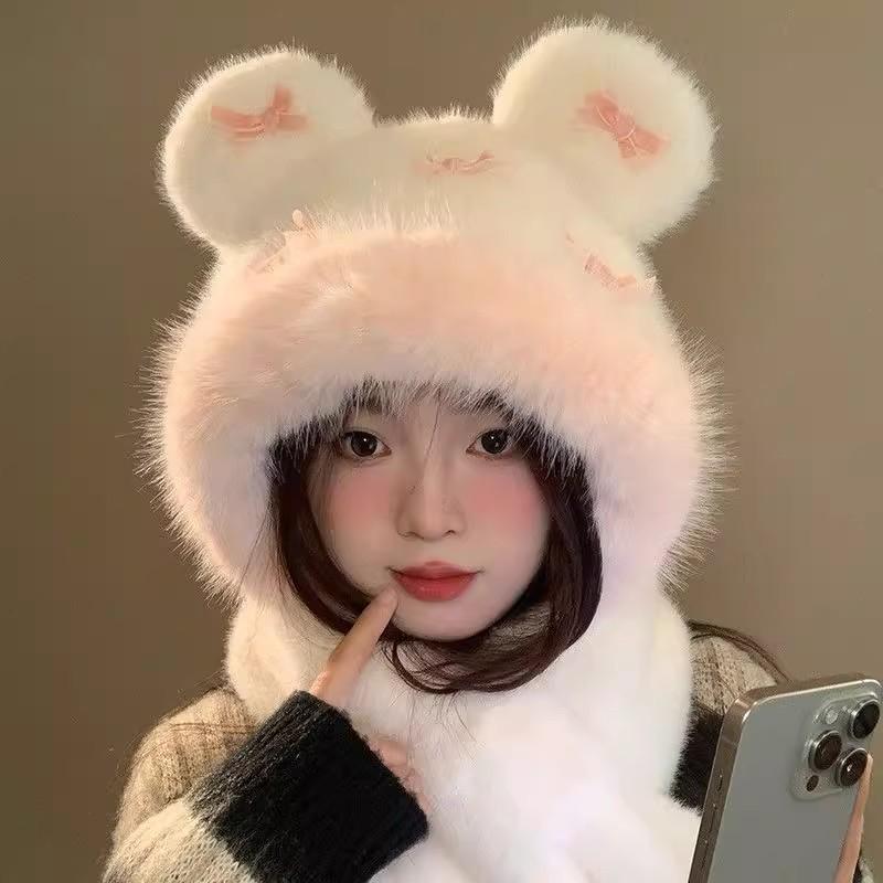 2025 New Winter Scarf Integrated Two-piece Set Cute Bow Plush Bear Ears Hat Women's Versatile