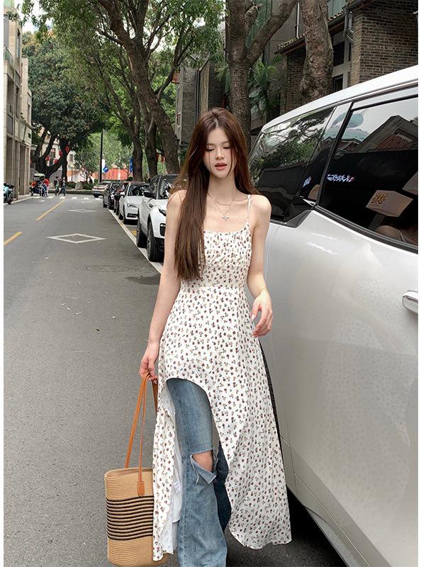 

Plus Size Irregular Floral Sling Dress - Elegant Waist-Cinched Layered Long Summer Dress for Women XL (recommended for 60-70 kg)