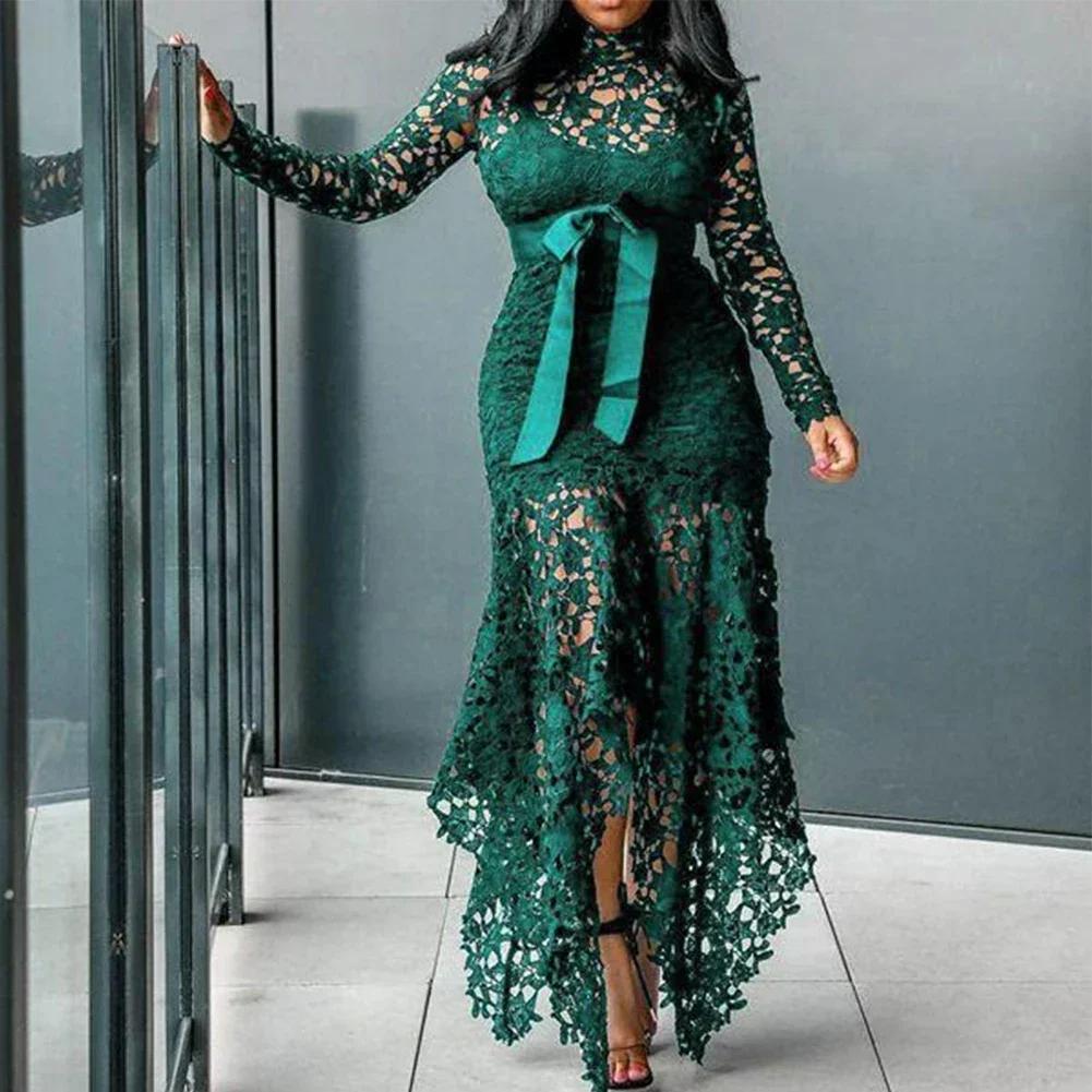 Abito lungo elegante in pizzo da donna, da sera, da festa, aderente, a maniche lunghe, taglie forti, alla moda