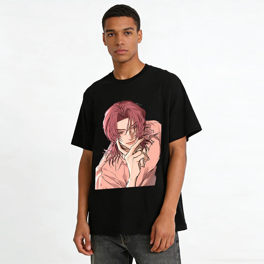 Anime Style Lazy Pink-haired Handsome Guy Print Long-sleeve Top Loose Casual Daily Wear T-shirt Pure cotton T-shirt