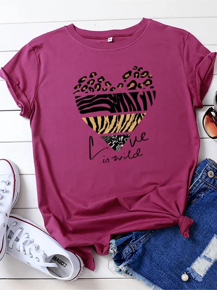 Love Is Wild Leopard Heart Print Women T Shirt Short Sleeve O Neck Loose Women Tshirt Ladies Tee Shirt Tops Camisetas Mujer