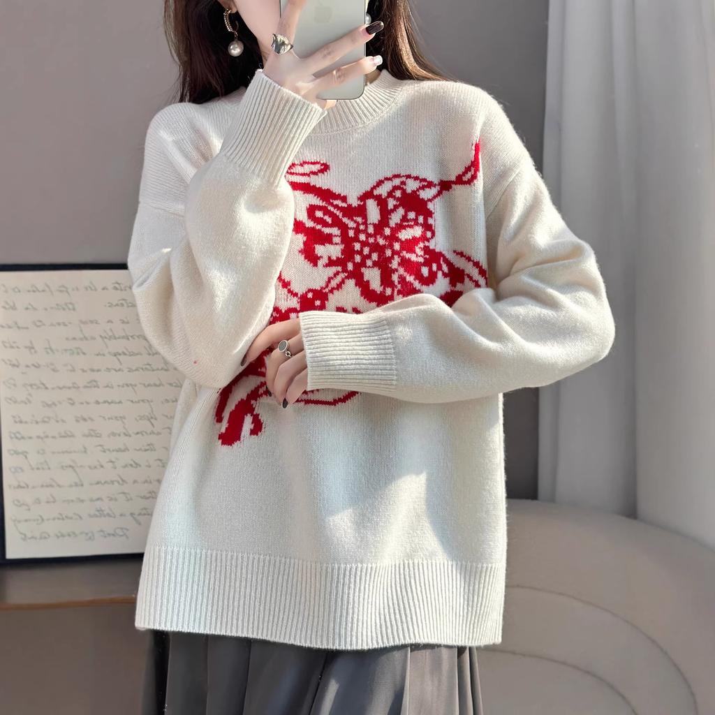 Autumn And Winter New 100 Wool Sweater Women'S Round Neck Loose Lazy Wind Sweater Knitted Bottoming Shirt Top Shirt