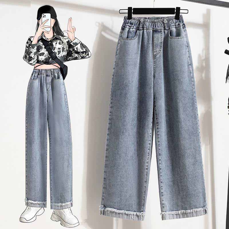 Summer Plus Size New Women Loose Vintage Straight High Waisted Roll Edge Elastic Long Jeans Lady Casual Versatile Wide Leg Pants