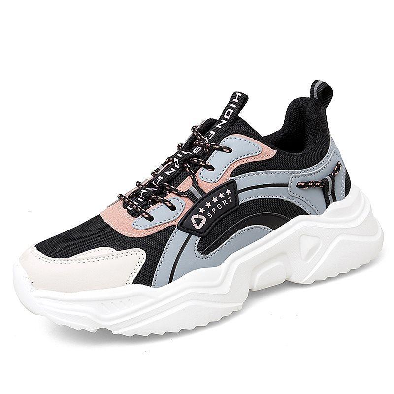 Shoes with Thick Soles Leather Color-blocked Shoes Sneakers Women