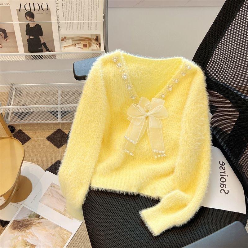 

Женский осенне-зимний вязаный свитер с бантом, короткий, милый, мягкий, внутренний трикотаж, бабочка 2XL жёлтый