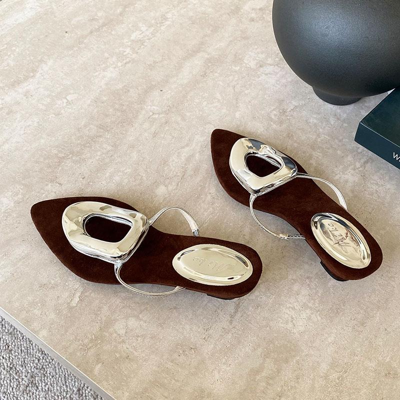 Fashion Fashion Metal Ladies Low Heel Slippers Shoes Summer Beach Luxury Female Flip Flops Women Heeled Slippers Slides Sandals Shoes