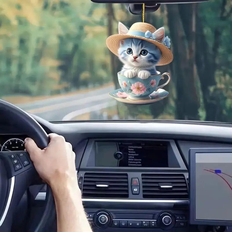 Cute Cartoon Cat Acrylic Flat Tea Cup Car Decoration Pendant For Interior Charm