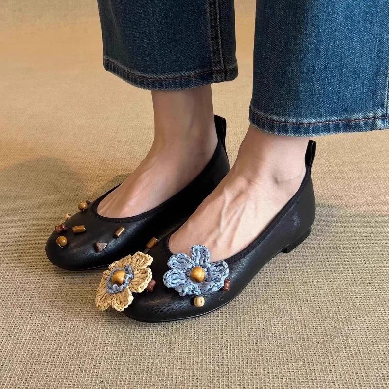Fashion Sweet Flower Decoration Mary Jane Shoes Women 2025 Autumn Leather Round Toe Flats Casual Comfort Shallow Mouth Flat Loafers