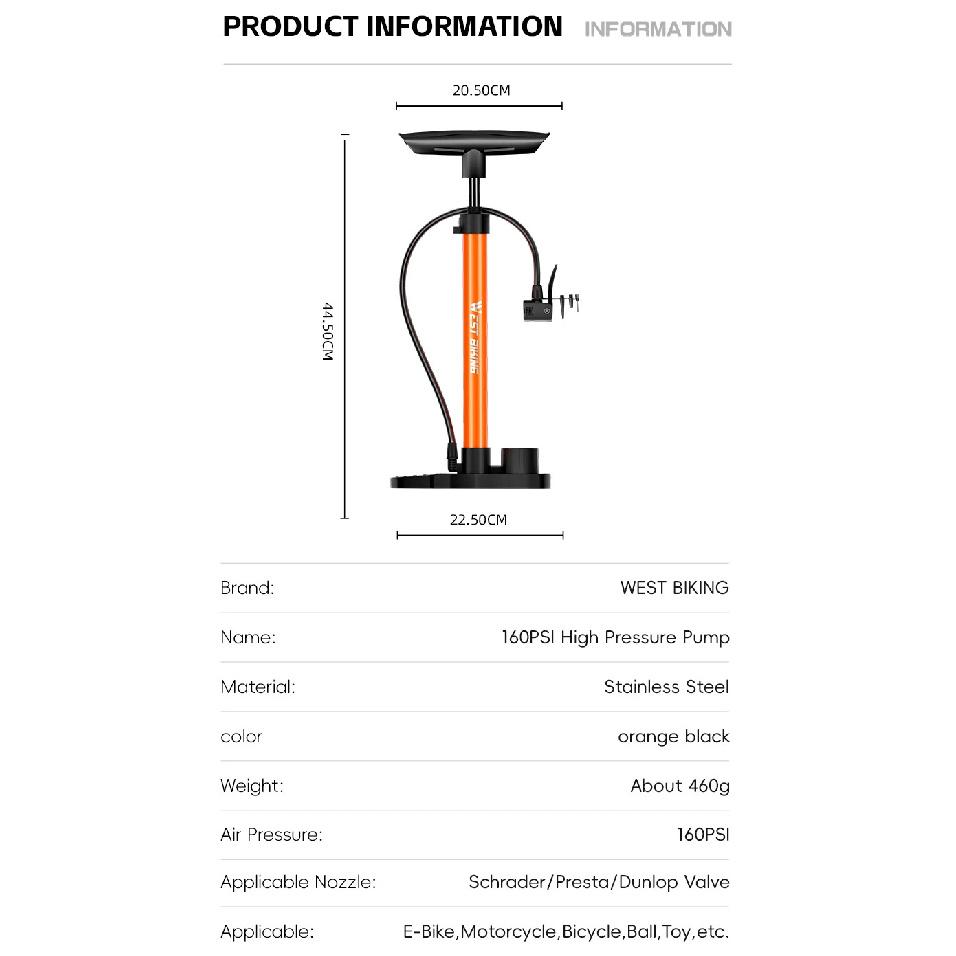 WEST BIKING 160PSI Bike Pump Portable Stainless Steel Floor Pump Presta&Schrader Valve Tire Inflator MTB Road Bike Accessories