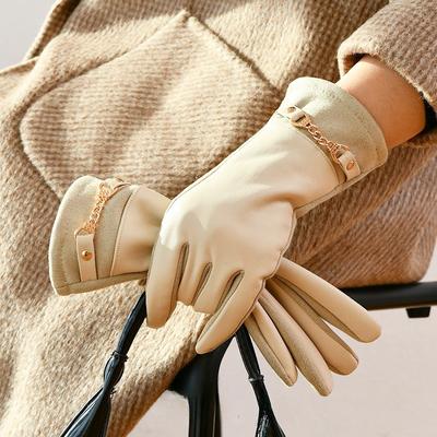 Winter Fashion Fleece Lined Protein Leather Women'S Keep Warm Gloves Korean Style Cycling Windproof Elegant Five Finger Gloves