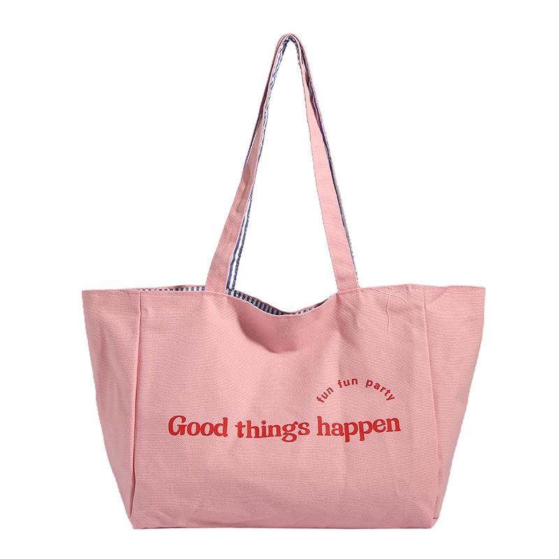 Large-capacity Tote Bag Striped Single-shoulder Bag Lettered College Student Canvas Bag Women's Commuting Bag