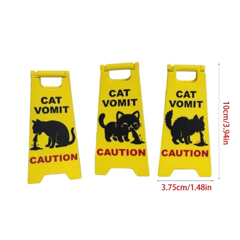 3Pcs Funny Cats Vomit Caution Signs Humorous Double-Sided Printing Desk Decors Gag Gift for Pet Owners & Cats Lover