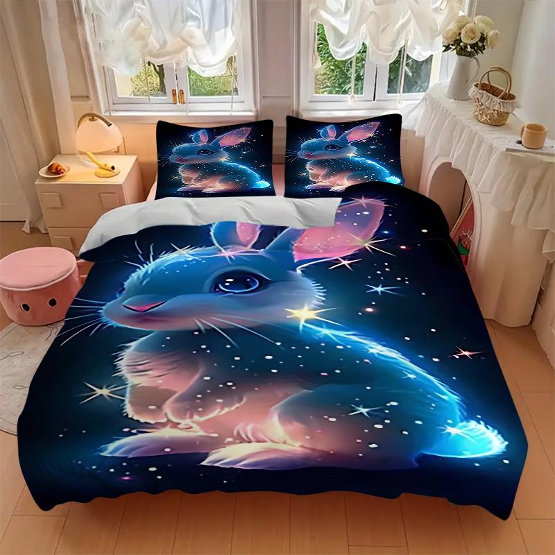 3pcs Glowing Bunny Rabbit Comforter Set with One Quilt Cover and Two Pillowcases (No Core) - Anime Cartoon Design, Polyester Fabric, Festive Gift for