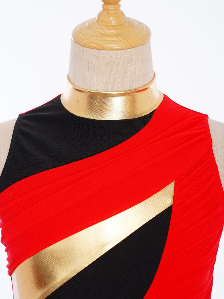 Girls Modern Dance Costume Mock Neck Sleeveless Back Invisible Zipper Ruched Mesh Overlay Bodice Side Split Dress