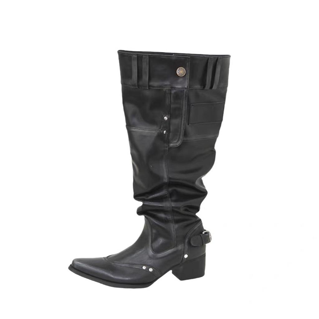 Spice girls big tube circumference boots women's new French high-end pointed thick heel knight stack boots