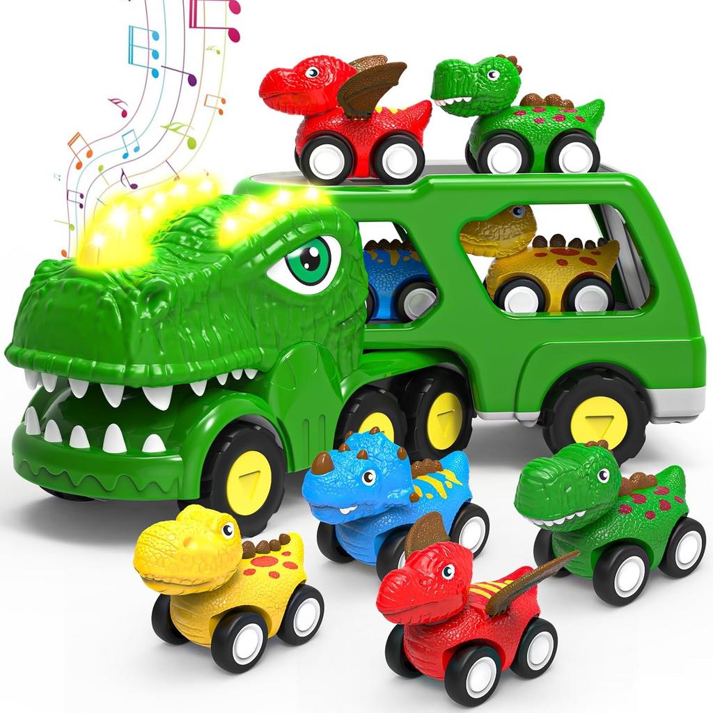 Dinosaur Toys for 1 2 3 4 5 Year Old Boy, Dinosaur Trucks for Toddlers 2-4 Years with 4 Small Pull Back Dino Cars, Kids Christmas Birthday Gifts for