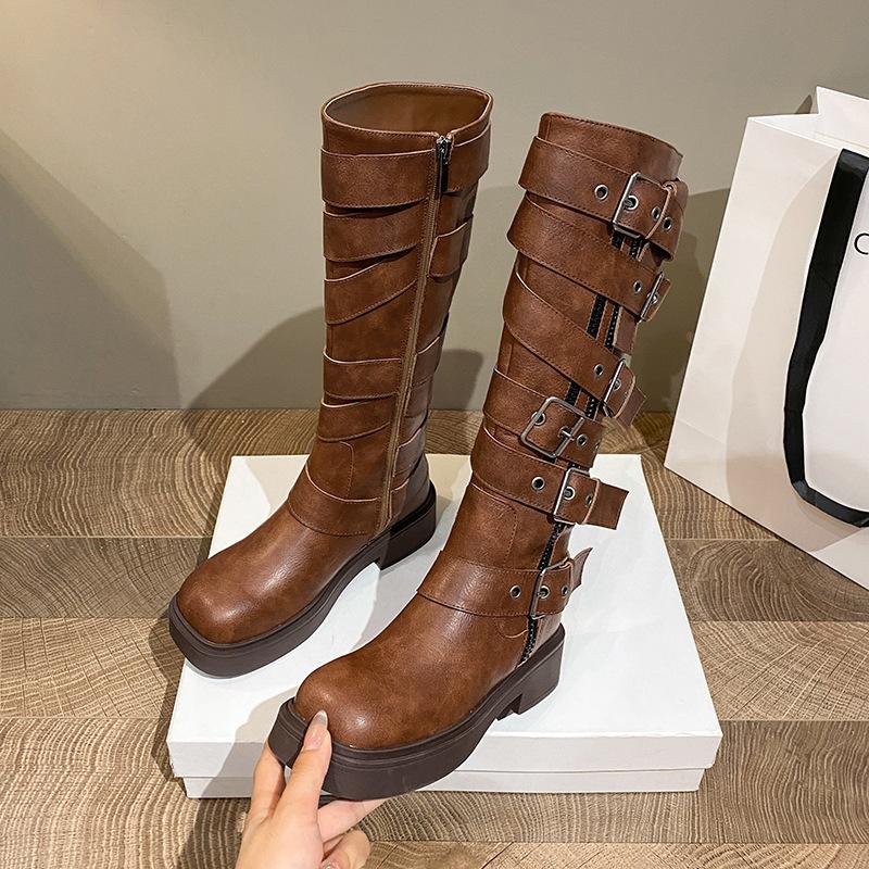 Wasteland Wind Boots 2025 New Women's Shoes Thick Sole But Knee Fat Mm Round Head High Boots Widened Locomotive Boots