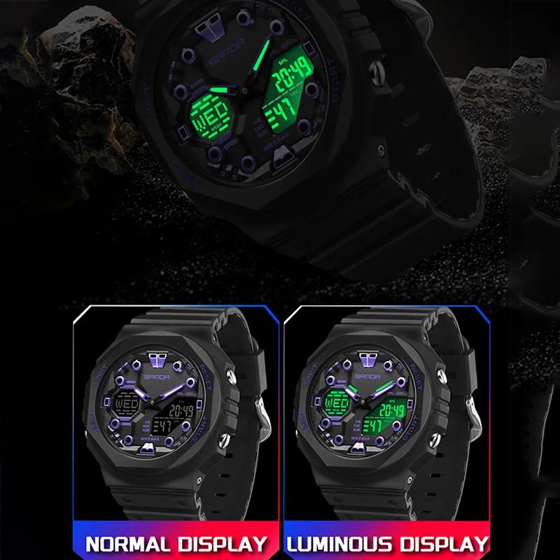 SANDA Military Men Sport Watch Stopwatch Alarm Countdown LED Light Digital Watches 50M Waterproof Dual-Display Quartz Wristwatch