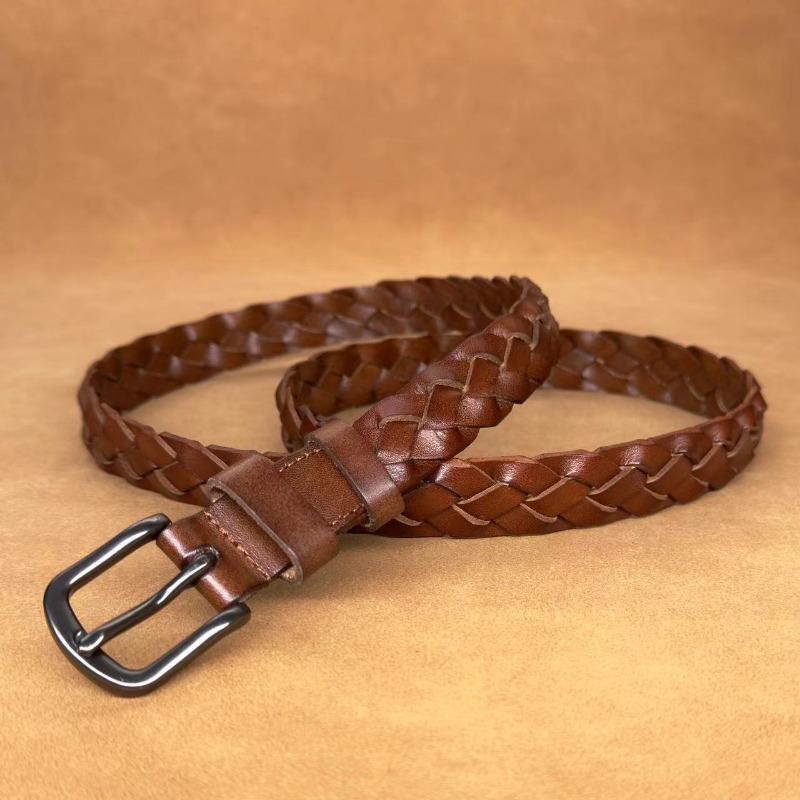 Vintage Handwoven Vegetable Tanned Cowhide Genuine Leather Belt Accessories Lead Pin Buckle Belt Top Layer Cowhide