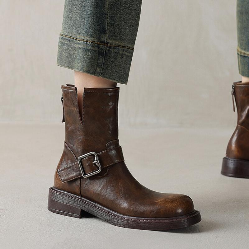 Fashion NEW Autumn Women Boots Split Leather Shoes for Women Round Toe Chunky Heel Shoes Zipper Short Boots Casual Buckle Western Boots