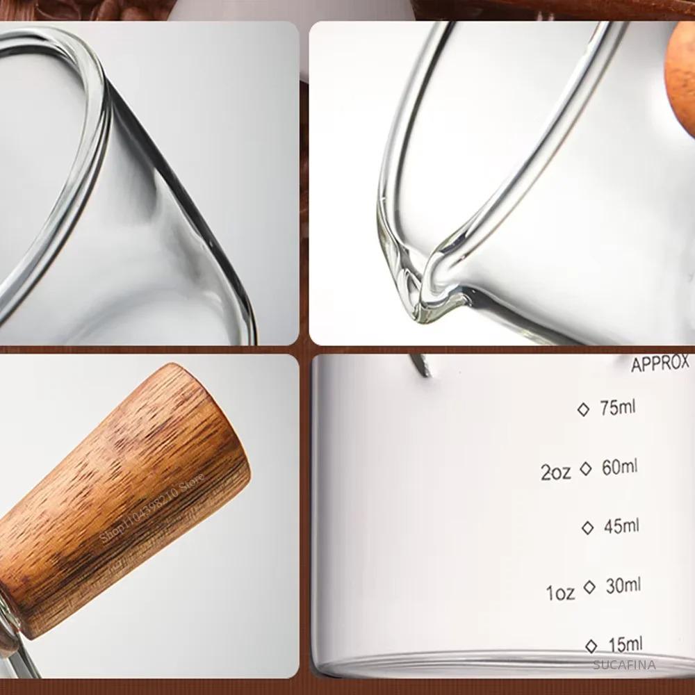 1pc Glass Measuring Cup Wood Handle Glass Espresso Measuring Cup Double Single Mouth Milk Coffee Clear Mug Coffee Supplies
