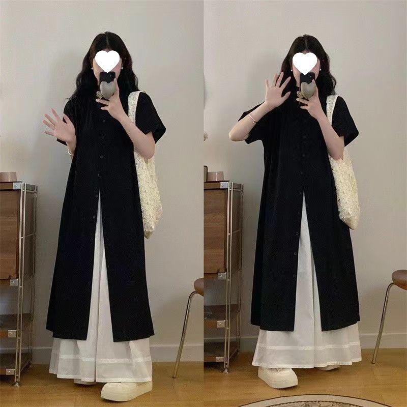 Japanese Summer Striped Shirt Dress & Lace Skirt Two-Piece Set