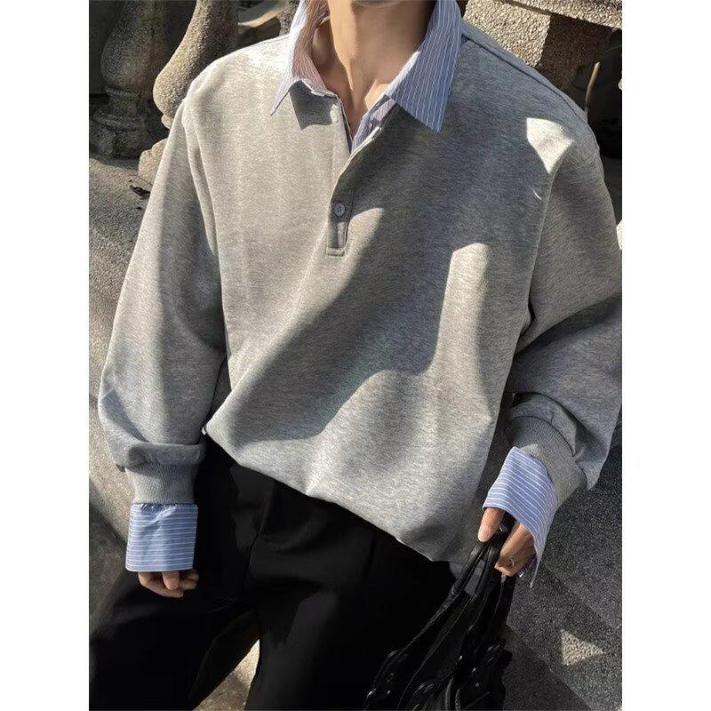 Men s Velvet-Lined Two-Piece Collar Hoodie - Autumn/Winter Trendy Loose-Fit Heavyweight Long Sleeve T-Shirt. L