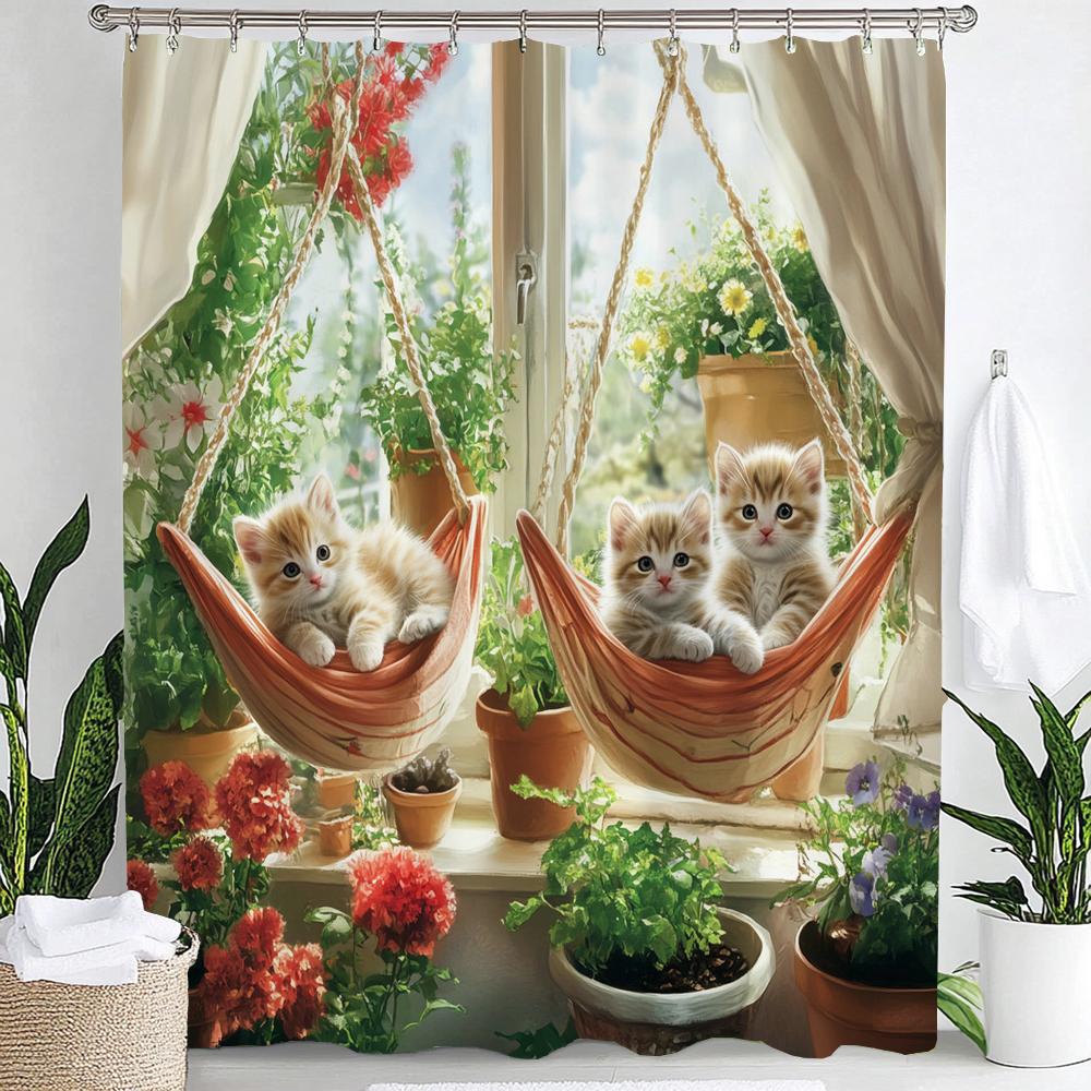 Lovely Cat shower curtain, Bathroom Cats in the Garden Flower Shower Curtain, Modern Decorative Fabric Shower Curtain with Hooks
