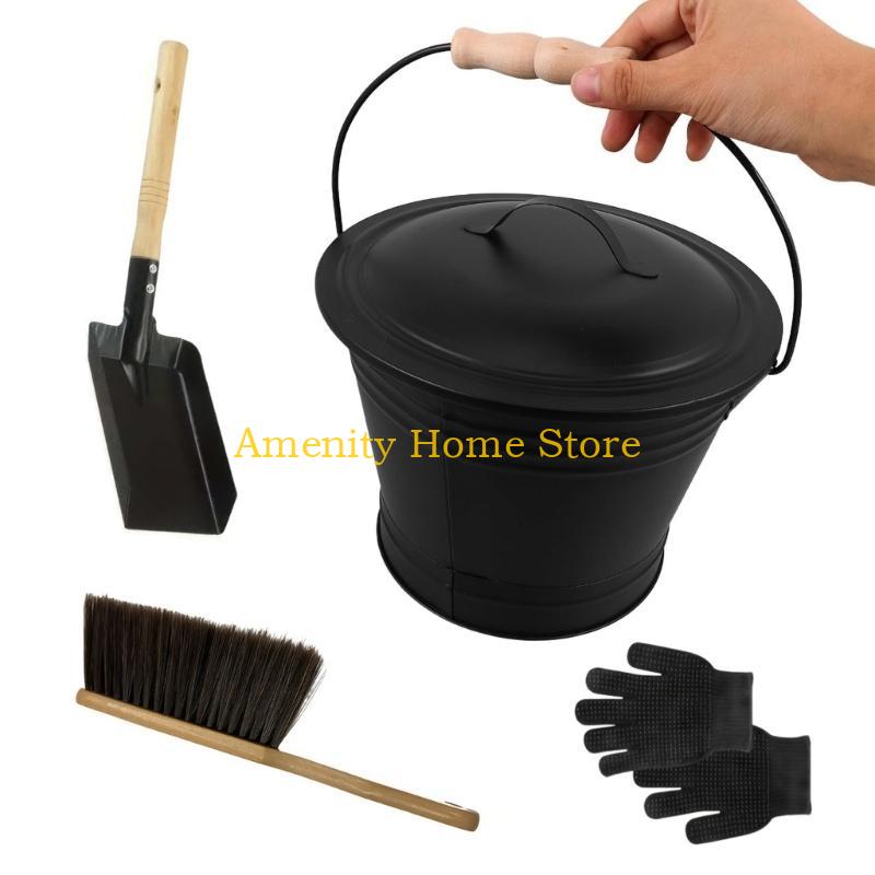 

F26C Leakproof Ashes Disposal Bucket With Ergonomic Handle Includes Fireplaces Cleaning Tool Shovel Brush Gloves CN