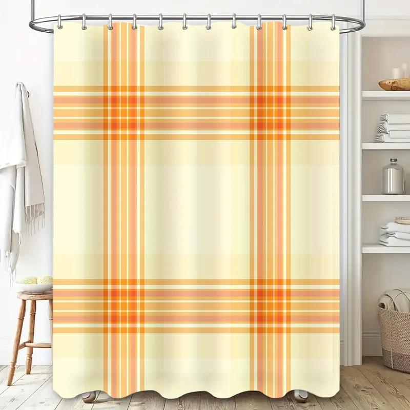 

Vibrant Plaid Shower Curtain Orange Green Pink Striped Bathroom Decor For Home, Waterproof Washable Textured W60H190(CM)-1 Pcs