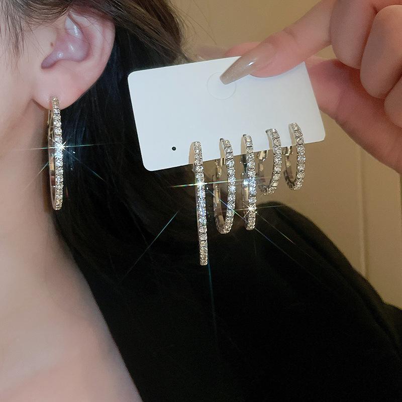 3Pairs Shiny Rhinestone Hoop Earrings Luxury Big Circle Zinc Alloy Exaggerated Personality Earrings Jewelry Female Accessories