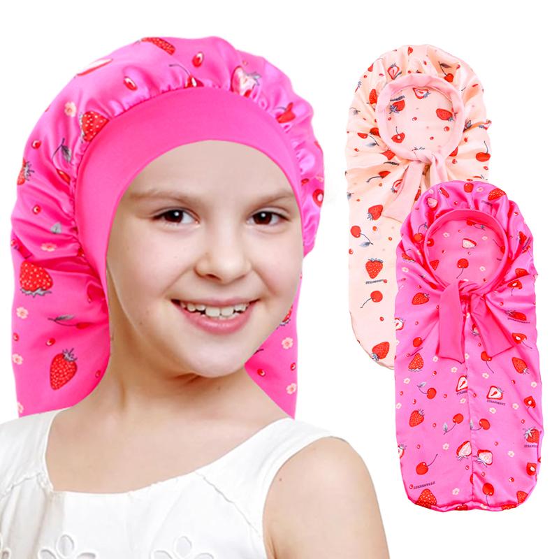 2PCS/LOT Kids Long Bonnet Night Sleep Hat Cartoon Print Elastic Shower Bath Cap Children Boys Girls Hair Care Headwrap