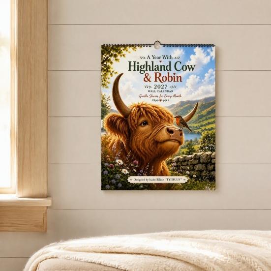 Holiday Gift for Her 2027 Highland Cow Wall Calendar, A4 Hanging Monthly Planner Home Personalized Lovers Office, Scottish Cattle Decorative Schedule