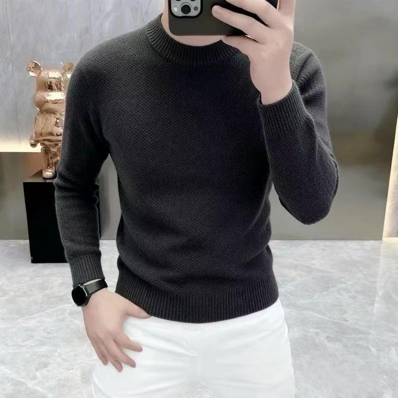 Men's Solid Color Round Neck Wool Knit Sweater - Versatile and Trendy Pullover