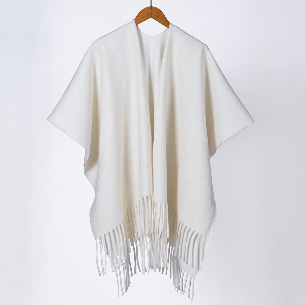 Women's Thick Jacquard Tassel Shawl - Versatile Solid Color Cape for Autumn/Winter