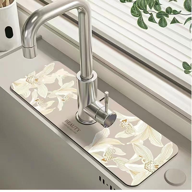 1 Stück saugfähige Matte für Waschbecken mit Blumenmuster, Drainage-Pad, Küchenspüle, Arbeitsplatten-Abfluss-Pad, Kieselgur-Schlammwaschbecken, zuschneidbares, schnell trocknendes Pad