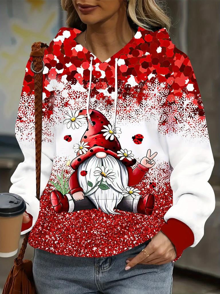 Ladies' Christmas dwarf print hoodie - Casual pullover hoodie, long sleeve, 100% polyester knitted fabric